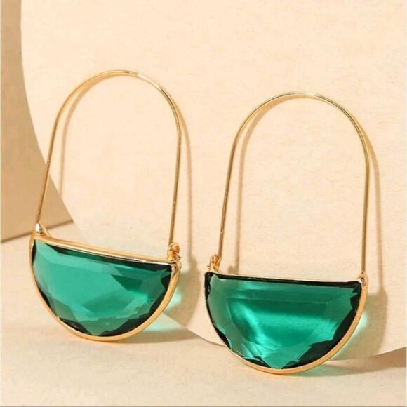 Green Glass Crescent Hoop Earrings - Picture 1 of 4